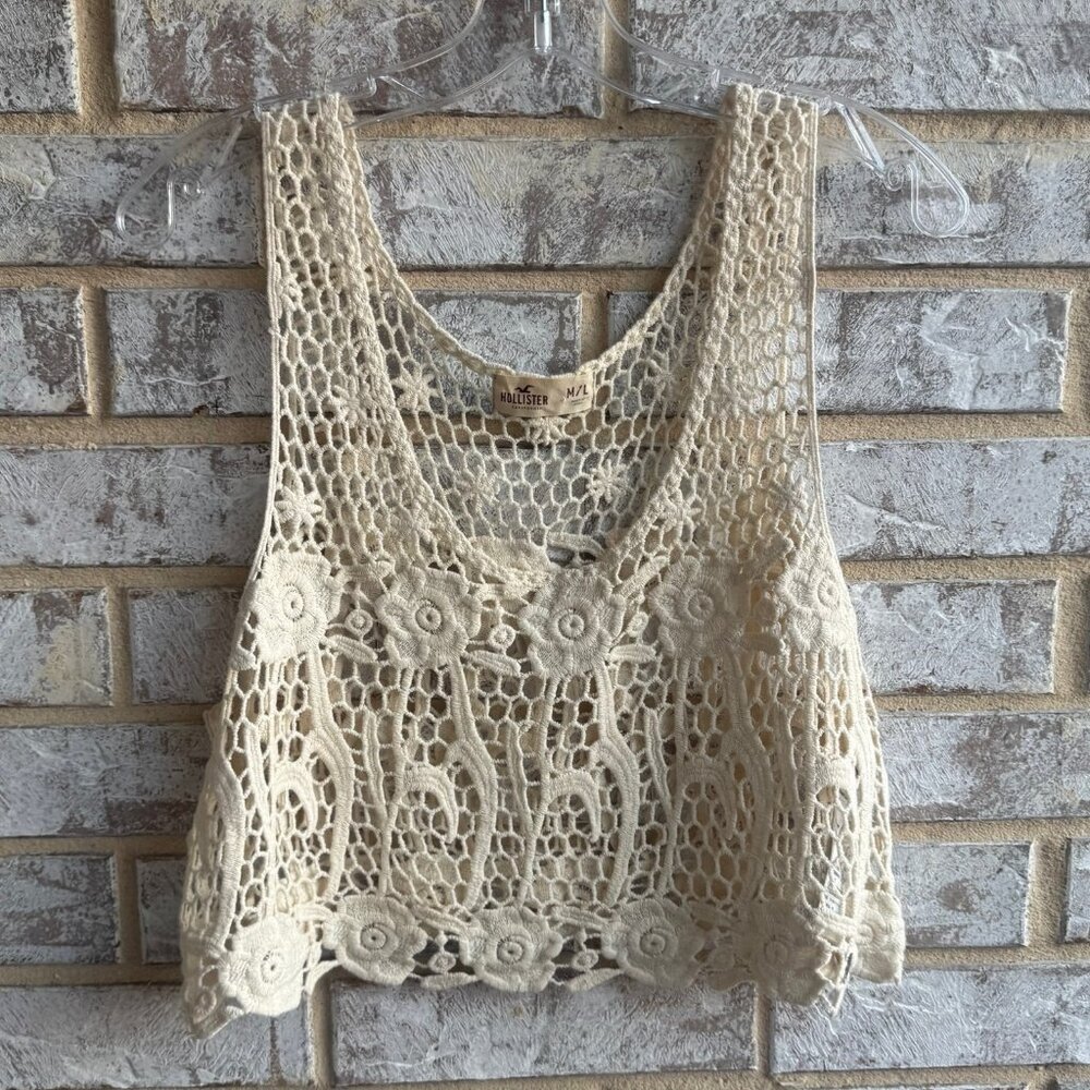 Hollister Y2K Sleeveless Cream Crochet Lace Cropped Boho Tank Top Size M/L